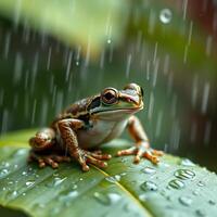 A frog is sitting on a leaf in the rain photo