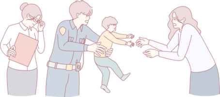 This is a visual representation of a complex child custody situation with parents and a police officer involved png