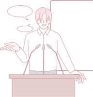 A confident and skilled speaker effectively uses gestures while at a podium to engage with an audience png