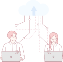 An elegant minimalist illustration shows teamwork in cloud computing with laptops and seamless cloud connectivity png