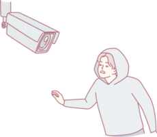 A figure in a hoodie interacts with a surveillance camera, highlighting security and privacy themes. png