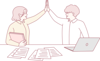 A joyful and uplifting moment of teamwork, as two dedicated professionals celebrate their success in a modern workspace png