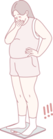 A woman appears visibly shocked and surprised while weighing herself on a scale, displaying emotions of concern png