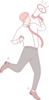 An animated illustration showcases a businessman who is energetically promoting a dynamic message using a megaphone png