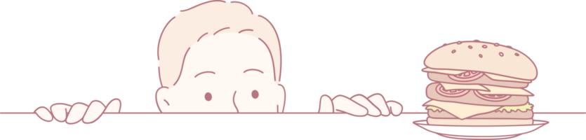 A young child is eagerly waiting with excitement for a delicious hamburger, displaying curiosity and a strong hunger png