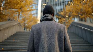 Man in Black and White Patterned Coat Ascending Urban Steps in Autumn photo