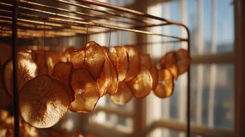 Sunlit Dried Apple Slices Hanging on a Rustic Rack photo