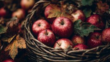 Red Apples in a Rustic Basket with Autumn Leaves photo