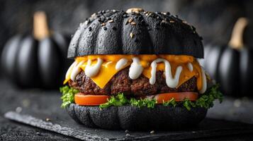 Black Pumpkin Burger with Cheese on Dark Background photo