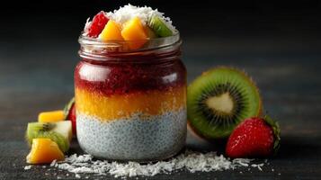 Layered Chia Pudding Parfait with Mango, Kiwi, and Raspberry photo