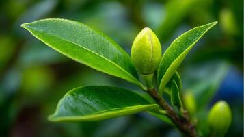 Close Up Of A Vibrant Green Tea Bud And Leaves photo
