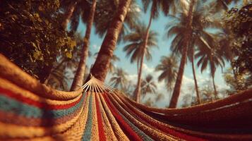 Relaxing in a Colorful Hammock Underneath Lush Palm Trees photo