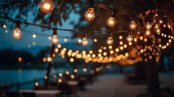Warm String Lights Glowing at Night in a Garden Setting photo