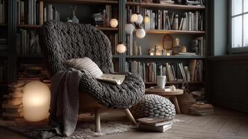 Cozy Reading Nook with Knitted Throw and Bookshelves photo
