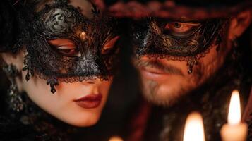 Closeup Portrait of Couple Wearing Elegant Black Lace Masks in Candlelit Setting photo