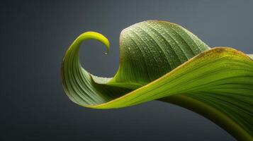 Green Leaf with Dew Drops, Curled Shape, Gray Background photo