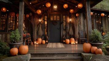 Rustic Halloween Porch Decor with Pumpkins and Lanterns photo
