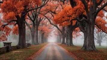 Autumnal Road Through Red Trees in Fog photo