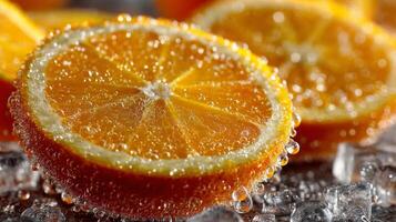 Closeup of Juicy Orange Slices on Ice photo