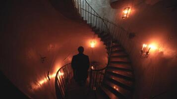 Silhouette of a Man on a Dark Spiral Staircase Lit by Candles photo