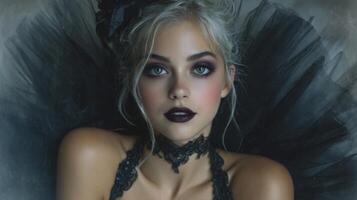 Portrait of a Woman with Dark Makeup and Black Tulle photo