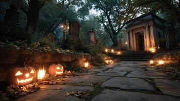Spooky Halloween Cemetery Path with Lighted Pumpkins photo