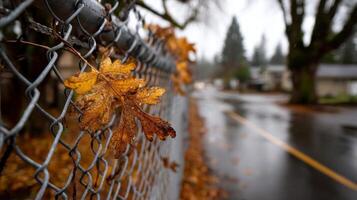 Wet Autumn Leaves on Chainlink Fence photo