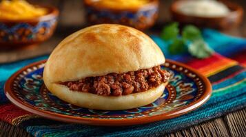 Savory Ground Beef Chili in a Soft Bun on Rustic Plate photo