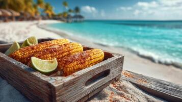 Grilled Corn on the Cob with Lime on Tropical Beach photo