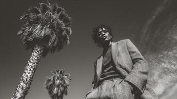 Monochrome Portrait of a Man in Patterned Clothing Under Palm Trees photo