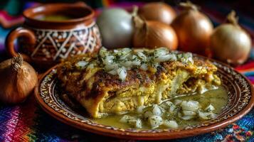 Warm Cheese Omelette with Onions and Sauce on a Rustic Plate photo