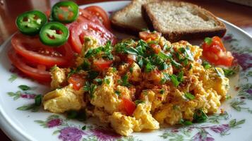 Scrambled Eggs with Tomatoes and Jalapenos for Breakfast photo