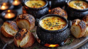Warm Cheese Soup with Toasted Bread in a Rustic Setting photo