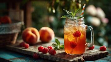 Refreshing Iced Tea with Peach and Raspberry photo