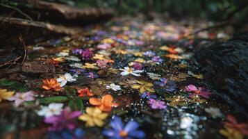 Colorful Flowers Floating on a Forest Stream photo
