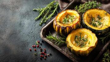 Roasted Pumpkin with Herbs on Dark Background photo