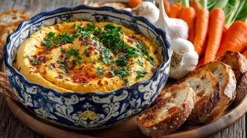 Creamy Hummus with Carrots and Toasted Bread photo