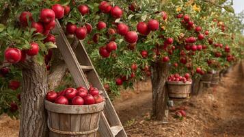 Rows of Apple Trees Laden with Ripe Red Apples photo