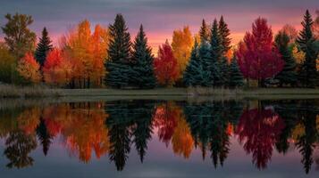 Autumn Trees Reflecting in Calm Lake at Sunset photo