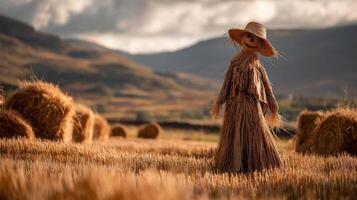 Rustic Scarecrow in a Golden Hay Field with Mountain Background photo
