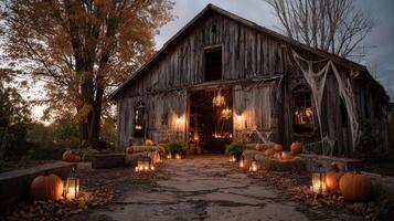 Rustic Wooden Barn at Dusk with Pumpkins and Candles photo