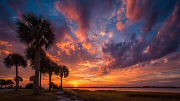 Vibrant Sunset Over Coastal Landscape with Palm Trees photo