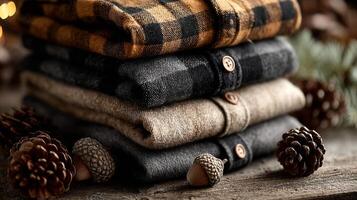 Stacked Flannel Shirts with Pine Cones and Acorns photo