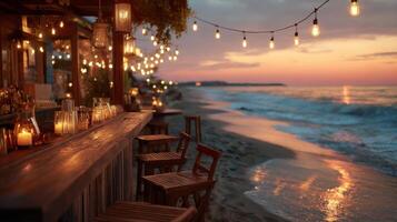 Beach Bar at Sunset with String Lights photo