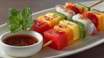 Colorful Grilled Fruit Skewers with Sweet Dip photo