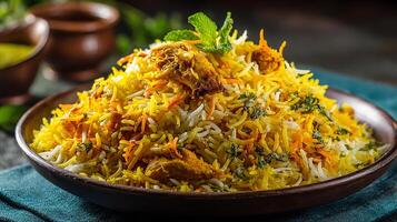 Biryani rice topped with spicy chicken in styled photography photo