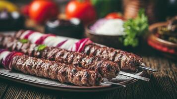 Fresh grilled kabab with vegetables and garnish photo
