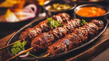 Tasty fresh kabab on plate with lemon slices photo