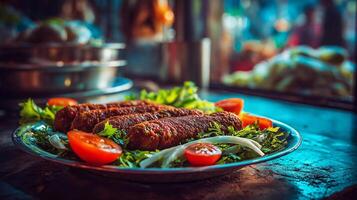 Tasty fresh kabab on rustic plate with spice photo