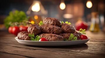 Tasty fresh kabab with charred edges on plate photo